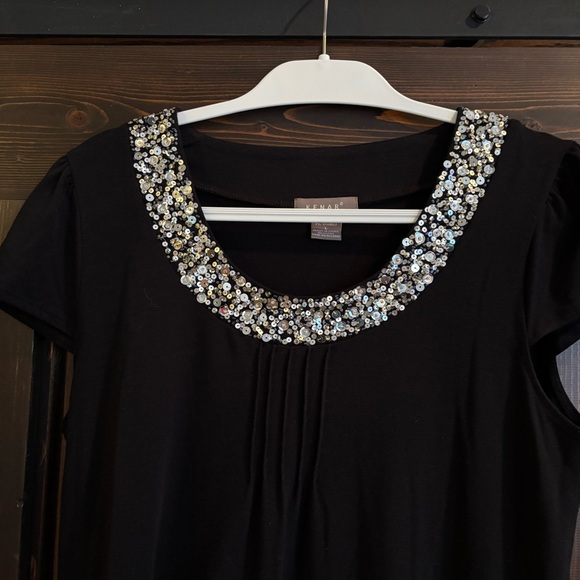 Kenar Black Short Sleeve Top with Beaded Sequin Neckline Large - Picture 3 of 6